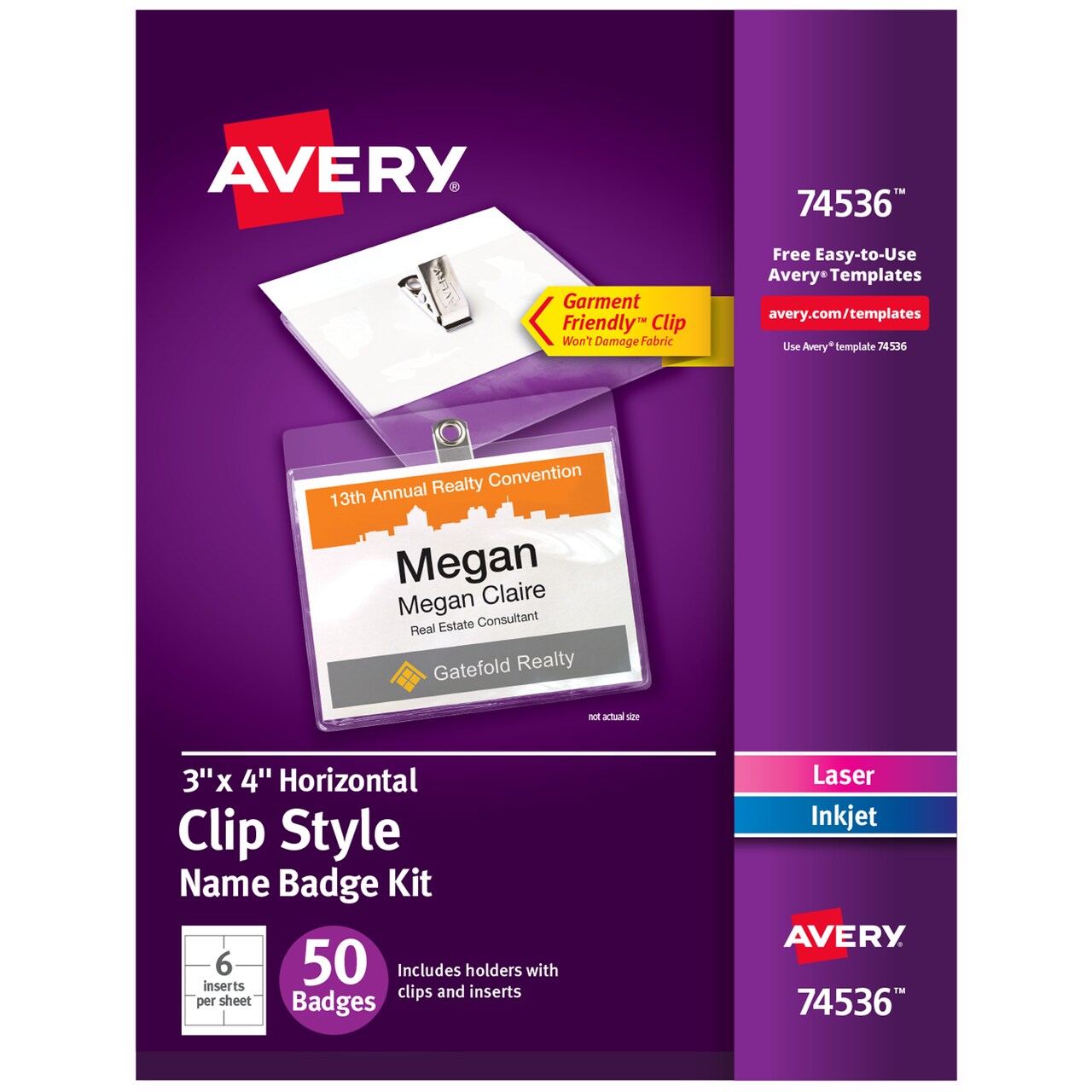 Avery Customizable Name Badges with Clips, 3" x 4", Clear Name Tag Holders with White Printable Inserts, 50 Clip Style Name Badges for Laser and Inkjet (74536)